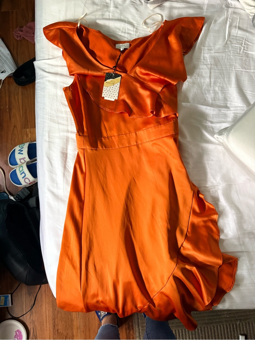 Too Petite Brand @ Loft 
Satin Ruffle Orange Women's Dress Size Small